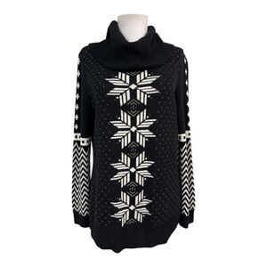 Talbots Petite Medium Pullover Sweater Cowl Neck Snowflakes Black White Wool